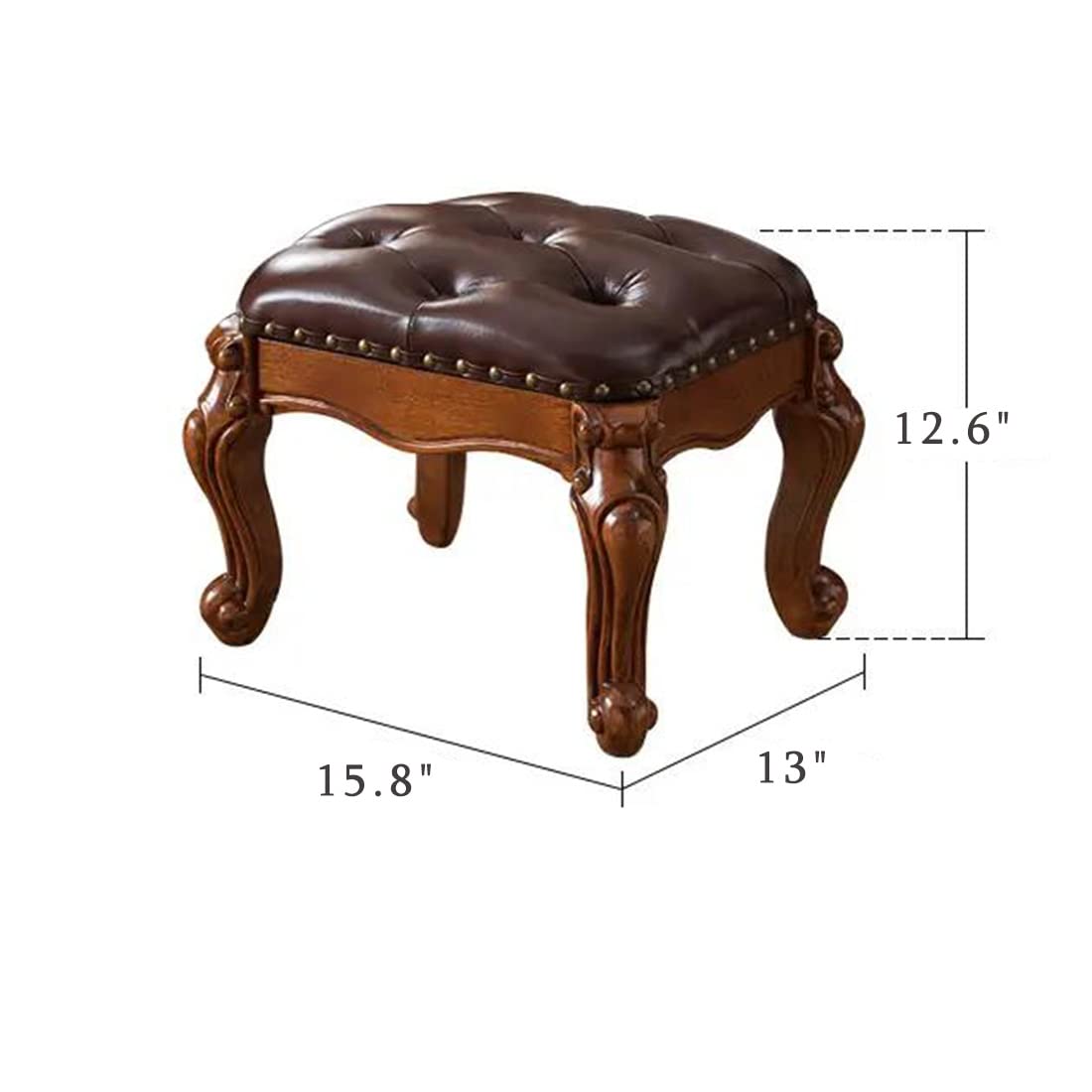 Upholstered Leather Footstool Chair for Living Room Sofa Entryway, Small Foot Stool Square Leather Chair, Solid Rubber Wood Foot Stool Ottoman Foot Rest Microfiber, Vintage Carved Upholstered Footrest