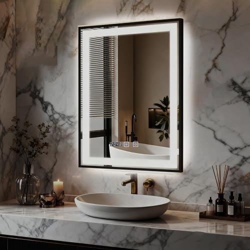 YU YUSING Espejo Baño LED 50x70cm, Espejo Pared Baño Antivaho Luz, 3 Colores, Luz Ajustable, Control Táctil, Visualización de Hora, Marco de Metal, Antivaho, IP44, Vertical, Negro