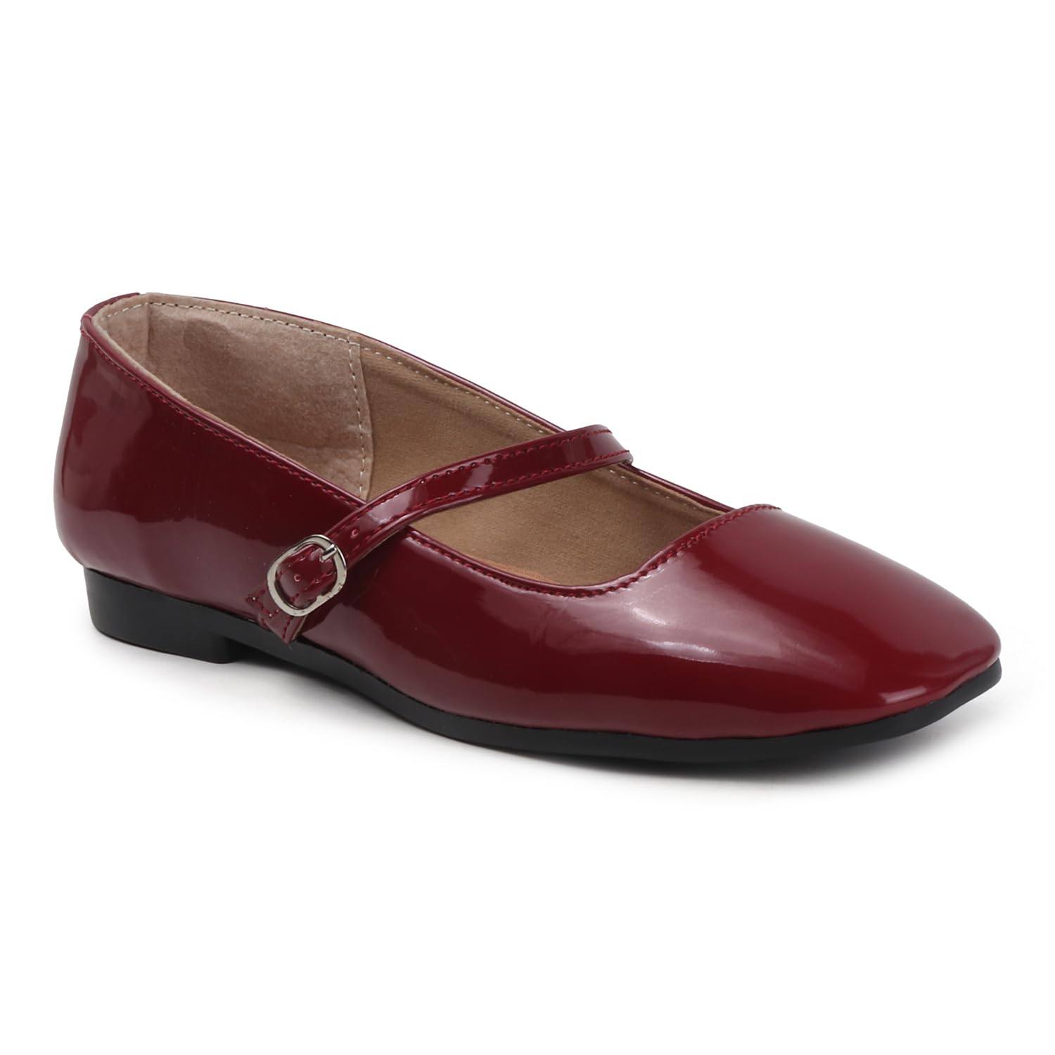 Square Toe Mary Janes for Women Glossy Red Flat Dress Shoes Comfortable Low Heel Ballet Flats with Buckle Strap-image-8