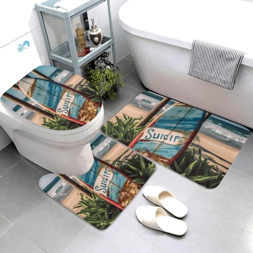 Dwrepo Surfing Board Print Bathroom Rug Set 3 Piece with Non-Slip U-Shaped Contour Mat and Toilet Lid Cover for Bathroom Decoration