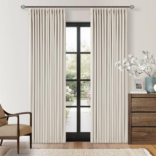 80 Inch Pinch Pleated Linen Black Out Curtains with Liner 2 Panels Natural