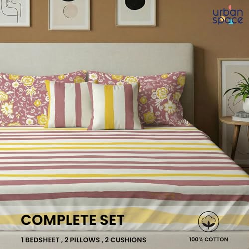 Image of Urban Space 144 TC Divine 100% Cotton Bedsheet for Double Bed with 2 Pillow Covers and 2 Cushion Covers, Queen Bedsheet (Size 90 x 100 inches, Streak Muddy Pink, Double)