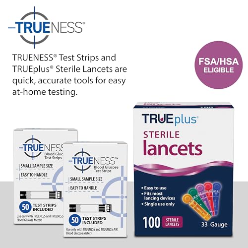 TRUENESS Blood Glucose Test Strips 100ct + 100 Lancets - Ideal for Testing Blood Sugar Levels - Compatible with TRUENESS Meters for Accurate Diabetes Monitoring