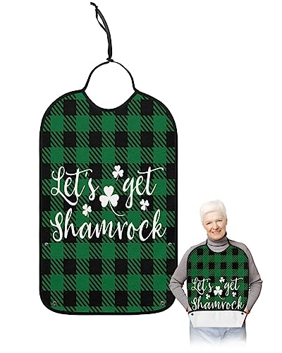 St. Patrick's Day Adult Bibs for Eating, Waterproof Bibs with Food Catcher & Adjustable Snap Closure, Black Green Buffalo Plaid Lucky Clover Clothing Protectors Adult Bibs for Elderly Women/Men