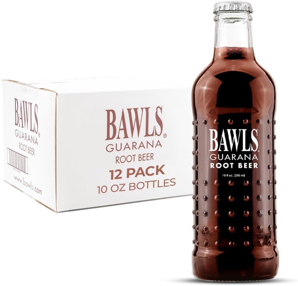 Guarana Root Beer, BAWLS Guarana Drink, Guarana Soda, Guarana Fueled Soda for Energy, High Energy Caffeinated Drink, 10oz 12 Pack Glass Bottles