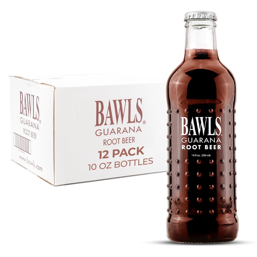 BAWLS Guarana Root Beer, BAWLS Guarana Drink, Guarana Soda, Guarana Fueled Soda for Energy, High Energy Caffeinated Drink, 10oz 12 Pack Glass Bottles