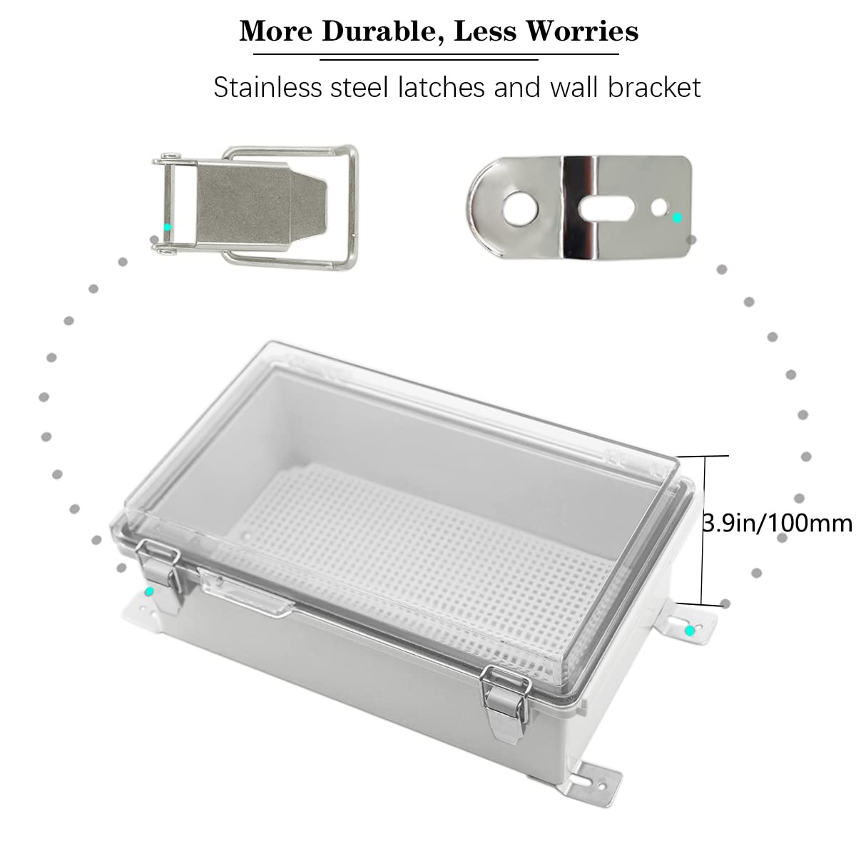 Zulkit Junction Box,IP67 Waterproof Electrical Box Hinged Clear Cover Stainless Steel Buckle Plastic Enclosure for Project w Mounting Plate Wall Bracket and 2 Cable Gland 10.2 x 6.3 x 3.9 Inch