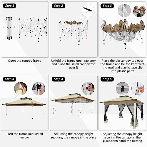Image of HOTEEL 13x13 Pop Up Gazebo Canopy Tent Easy Up Outdoor Gazebo Waterproof Upgrade Portable Gazebo with Mosquito Nettings, Double Vented Roof and Carry Bag for Patio Garden Lawn(Khaki)