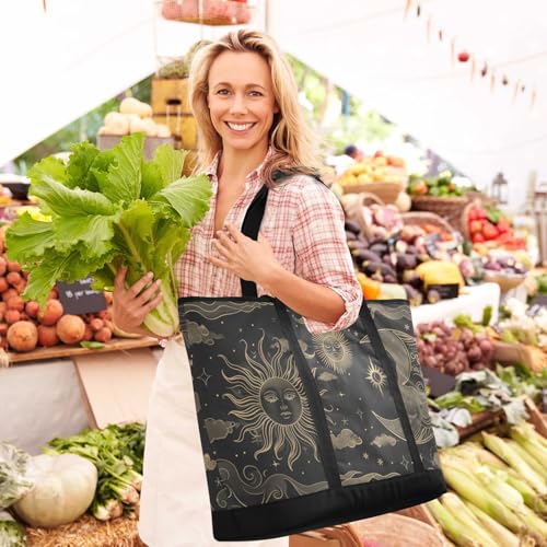 Boho Sun Moon Black Large Insulated Tote Bag for Grocery Shopping Reusable Tote Bags for Women Men, Cooler Bag with Zippered Top & Handles for Beach Picnic Travel2