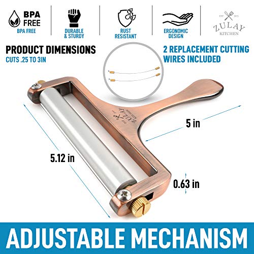Zulay Cheese Slicer With Adjustable Thickness - Wire Cheese Slicer For Mozzarella Cheese, Cheddar Cheese, Gouda Cheese - Cheese Slicers For Block Cheese Heavy Duty With 2 Extra Wires (Copper) #TOP4