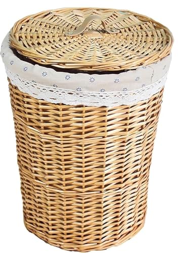 Cesta de mimbre for la colada con tapa, cesto for ropa sucia for dormitorio, cesta de almacenamiento for el hogar, cesto de mimbre de madera con forro(38x48cm)