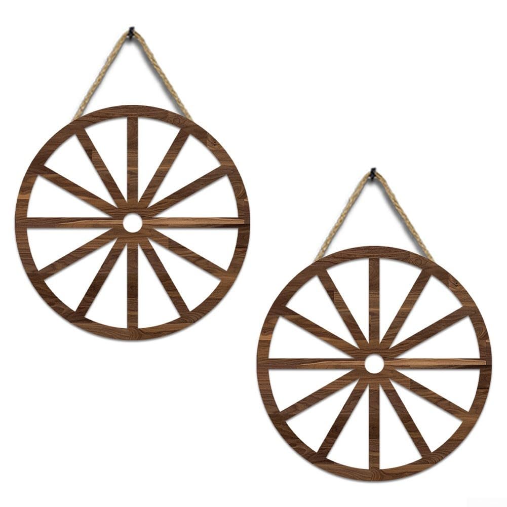 2PCS 29x29cm Wooden Wagon Wheels Wall Decor Rustic Wooden Wheel Wall Hangings for Garden Home Bar Garage Party Decorations