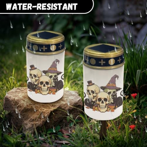 Image of Poceacles Solar Lights Outdoor Grave Candle for Cemetery Decoration Solar Outdoor Lights for Garden Lawn Backyard Pathway Decor, Skull Black Cat Leaf Print, Pack of 6