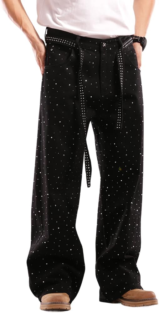 Men Baggy Rhinestone Jeans Vintage Sparkly Jeans Wide Leg Denim Pants
