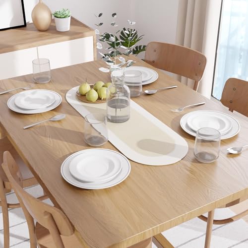 Image of Encasa XO Table Runner for 4 Seater | Handmade Ribbed Style Cotton | 30x91 cm | Beige & Off White | for Dining & Center Table