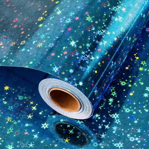 Wikadlik Blue Holographic Wrapping Paper Cute Stars Gift Wrap Paper for Fathers Day Birthday Wedding Bridal Shower Baby Shower Party