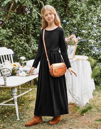 21KIDS Girls Maxi Dress Kids Solid Long Sleeve Casual Dresses with Pockets for Girls 6-12 Years3