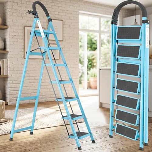 Image of Norman Jr Teal Blue 7 Step Ladder for Home Use with Built-in Tool Tray | Heavy Duty D Shape Rods | Ultra Large Platform | Wide Rubber Feet | 150Kg Capacity Foldable Ladder - 7 Years Warranty