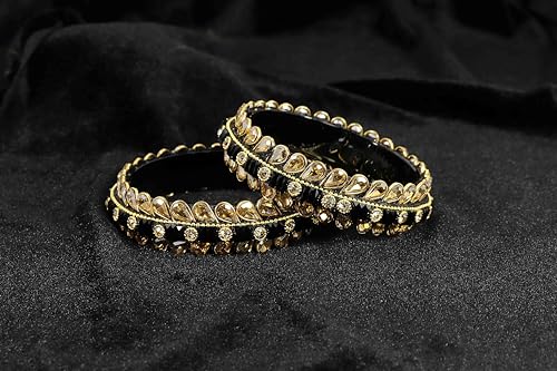 Image of NMII Glass Golden Zircon Stone & Kundan Beads Kada Set For Women & Girls | Fancy Design Kada Bangles | Traditional Look Kangan | Glass Bangles For Women Wedding, Party, Function, Daily use