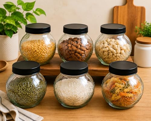 Image of Designer Transparent Glass Storage Jar with Black Plastic Airtight Lid, 900 ML Food Grade Kitchen & Pantry Storage Container, Size 8 X 14 X 14 cm, Ideal for Pulses, Dry Fruits, Pack Of 6