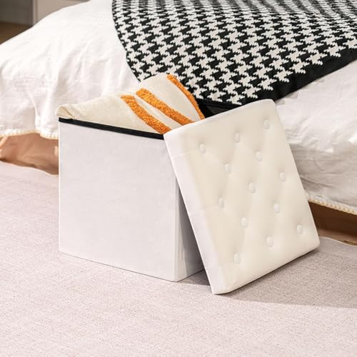 B FSOBEIIALEO Storage Ottoman Velvet Tufted Folding Ottomans Footstool Rest Seat with Removable Lid (White, Medium) - Image 3