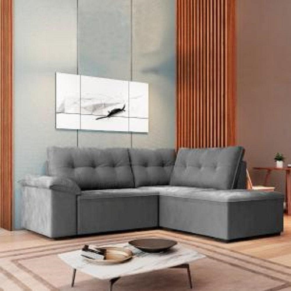 Sofá de Canto Retrátil 1,93m Cama 5 Lugares Tóquio Cinza Veludo