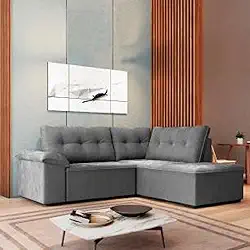 Sofá de Canto Retrátil 1,93m Cama 5 Lugares Tóquio Cinza Veludo