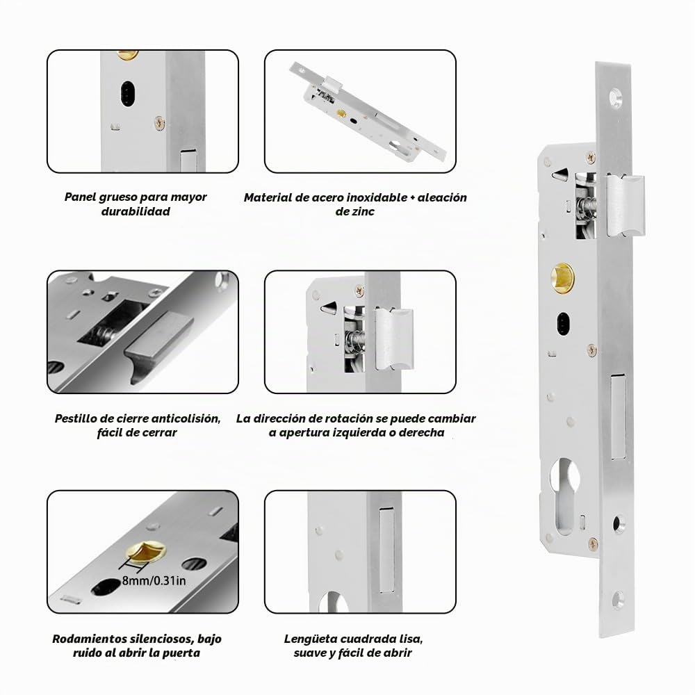 2 Piezas Cerradura Monopunto de Palanca de Acero Inoxidable Cerradura para Marco Tubular Distancia de 85 mm, Mandril de 35 mm para Puerta de Jardin, Puerta Metálica de Casa para Izquierda/Dere