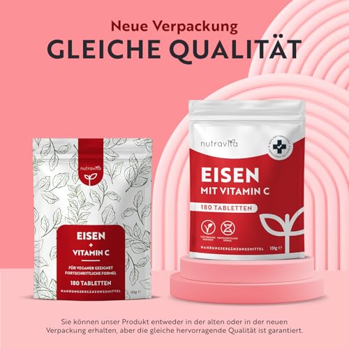 Eisentabletten mit 40 mg Eisen + Vitamin C (80mg) - 180 vegane Tabletten - Eisen Vitamin C Hochdosiert - ohne unerwünschte Zusatzstoffe - 6 Monate Vorrat - Hergestellt von Nutravita
