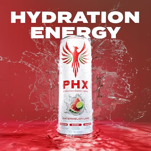 Image of PHX Hydration Energy Drink - 700mg Electrolytes, 200mg Natural Green Tea Caffeine, 100% Daily Value 8 Essential Vitamins - 12 oz Cans (12 Pack, Watermelon Lime)