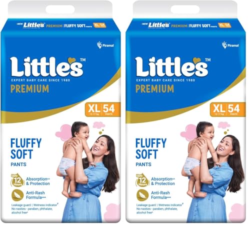 Image of Little's Premium Baby Diapers XL Size (Extra Large) Pants Style | 12-17 kg | 54 Count | Super Jumbo FluffySoft Baby Diaper with Leakage Guard, Wetness Indicator & 12 Hours Absorption (Pack of 2)