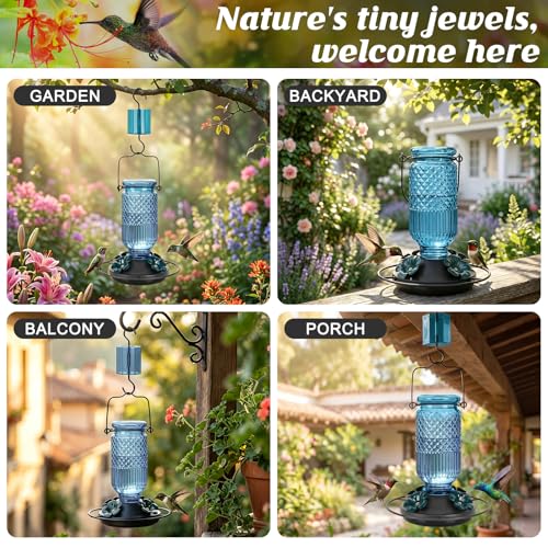 Image of FEED GARDEN Glass Hummingbird Feeder for Outdoors Hanging, 16 OZ Humming Bird Feeders with 4 Bee Guard Feeding Ports & Built-in Ant Moat, Hummingbird Gifts for Mom Bird Feeder for Outside, Blue,2 Pack