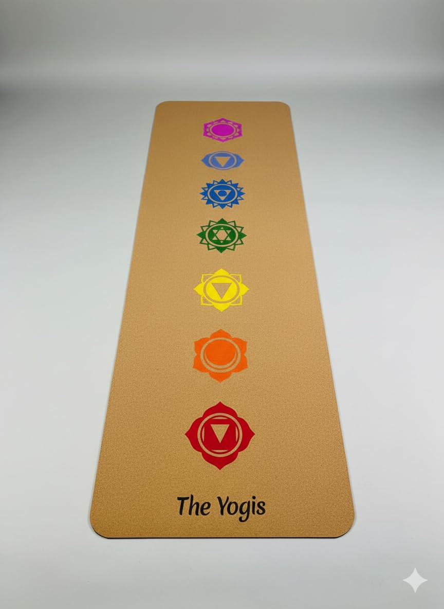 The Yogis Cork Yoga Mat with 7 Chakra Design, Natural Cork with Rubber Base, 183x61 cm, 6mm Thick, Non-Slip Exercise Mat-picture-24