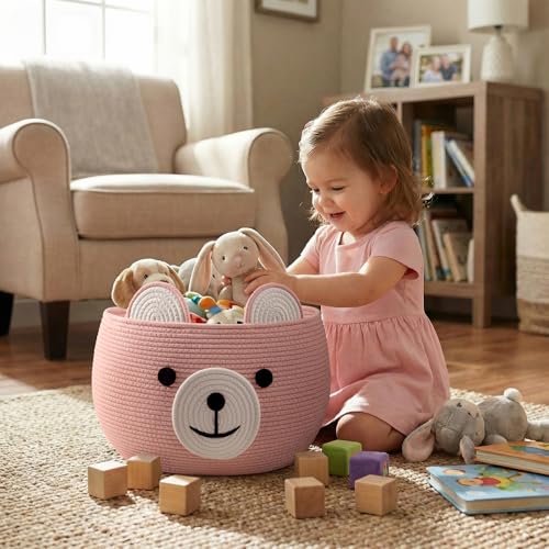 Image of CherryNow Baby Basket for Nursery, Bear Gift Baskets for Girls, Baby Shower Basket with Handles, Large Diaper Caddy Organizer, Bright Pink, 15.7 inchD x 10.5 inchH