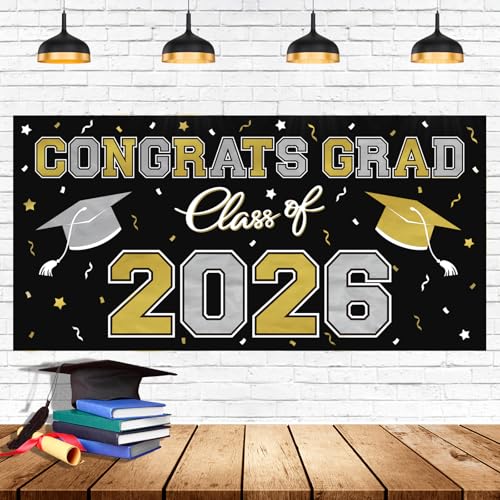 Image of 2026 Graduation Party Plastic Backdrop - 65 inch x 32.7 inch Congrats Grad Banner in Black, Large Class of 2026 Decorations, Photography & Grad Party Supplies