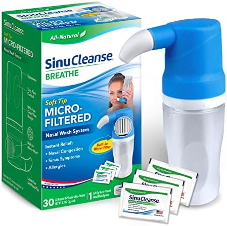 SinuCleanse Soft Tip Micro-Filtered Nasal Wash Irrigation System, Relieves Nasal Congestion & Irritation from Cold & Flu, Dry Air, Allergies, Includes 30 All-Natural, Pre-Mixed Buffered Saline Packets