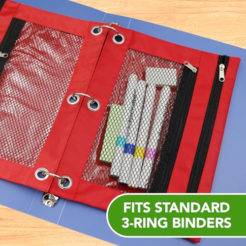 Image of Pencil Pouch for 3 Ring Binder, Heavy Duty Canvas Dual Zipper Pen Bag with Clear Window, Smooth Metal Zipper, Fit Standard 3-Ring Binders for School Office Travel Supplies (Red)