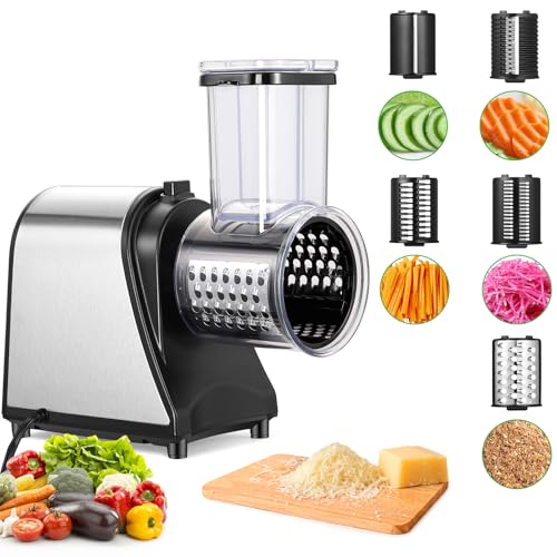 Rallador eléctrico de verduras de 250 W con gran orificio de llenado, 5 discos de acero inoxidable para verduras y queso