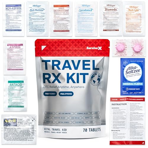 SurviveX Travel Medicine Kit - Compact TSA-Approved Medication Pack for Travel, Camping, Cruises - Includes Over-The-Counter Individual Medicine Packets