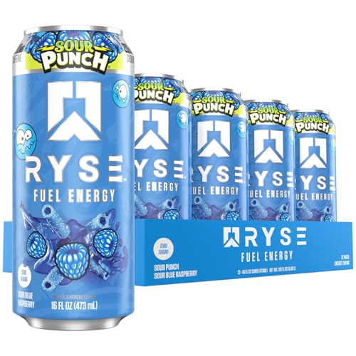 Image of RYSE Fuel Energy Drink - Sour Punch Blue Raspberry - Sugar Free, Gluten Free & Vegan - 200mg Natural Caffeine, Taurine & Choline for Focus & Energy - No Artificial Colors - 16 fl oz Cans (12-Pack)