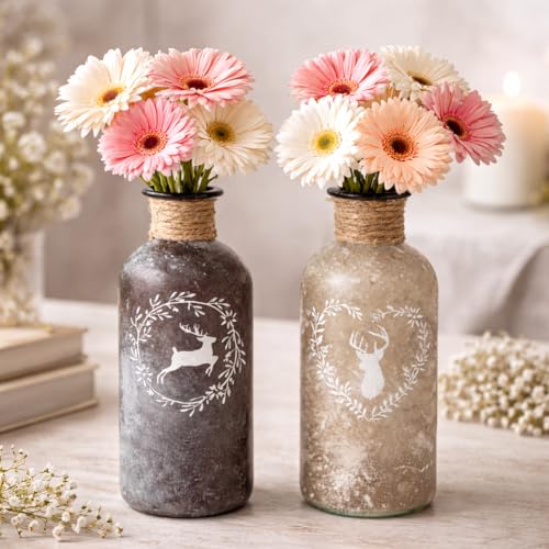 ReWu Vase Glasvase 2er-Set - Hirsch Motiv - Gefrostet Dekovase Dekoration Wohndekoration Dekorativ Glas Landhausstil Dekoflaschen Tischvasen Flaschenvase mit Sisalband 7 x 21 cm