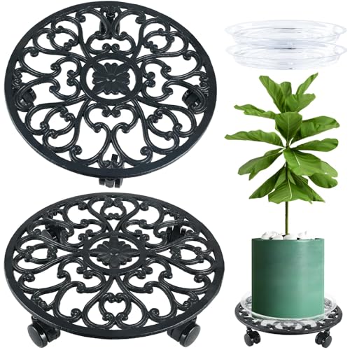 2 Packs 14 Inch Rolling Plant Stand with Wheels Metal Plant Caddy with Wheels Heavy Duty Round Plant Stand Indoor Iron Plants Rollers for Plants, Plant Dolly with Plant Saucers