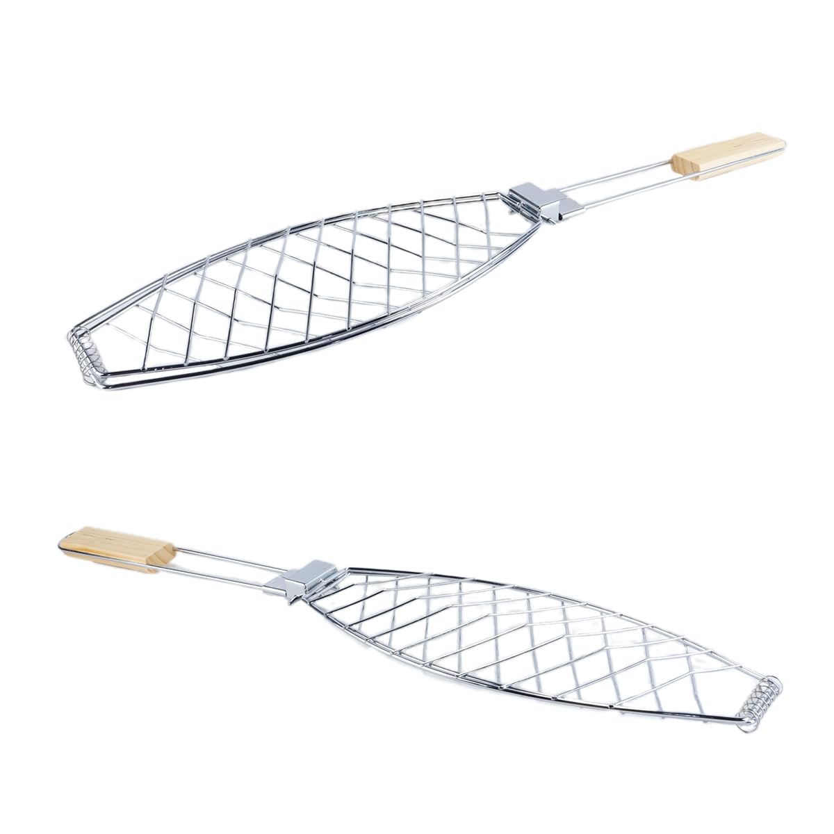 Arrostitore per pesce, supporto per griglia per pesce in acciaio inox con manico in legno, vassoio multifunzionale per barbecue per frutti di mare e verdure