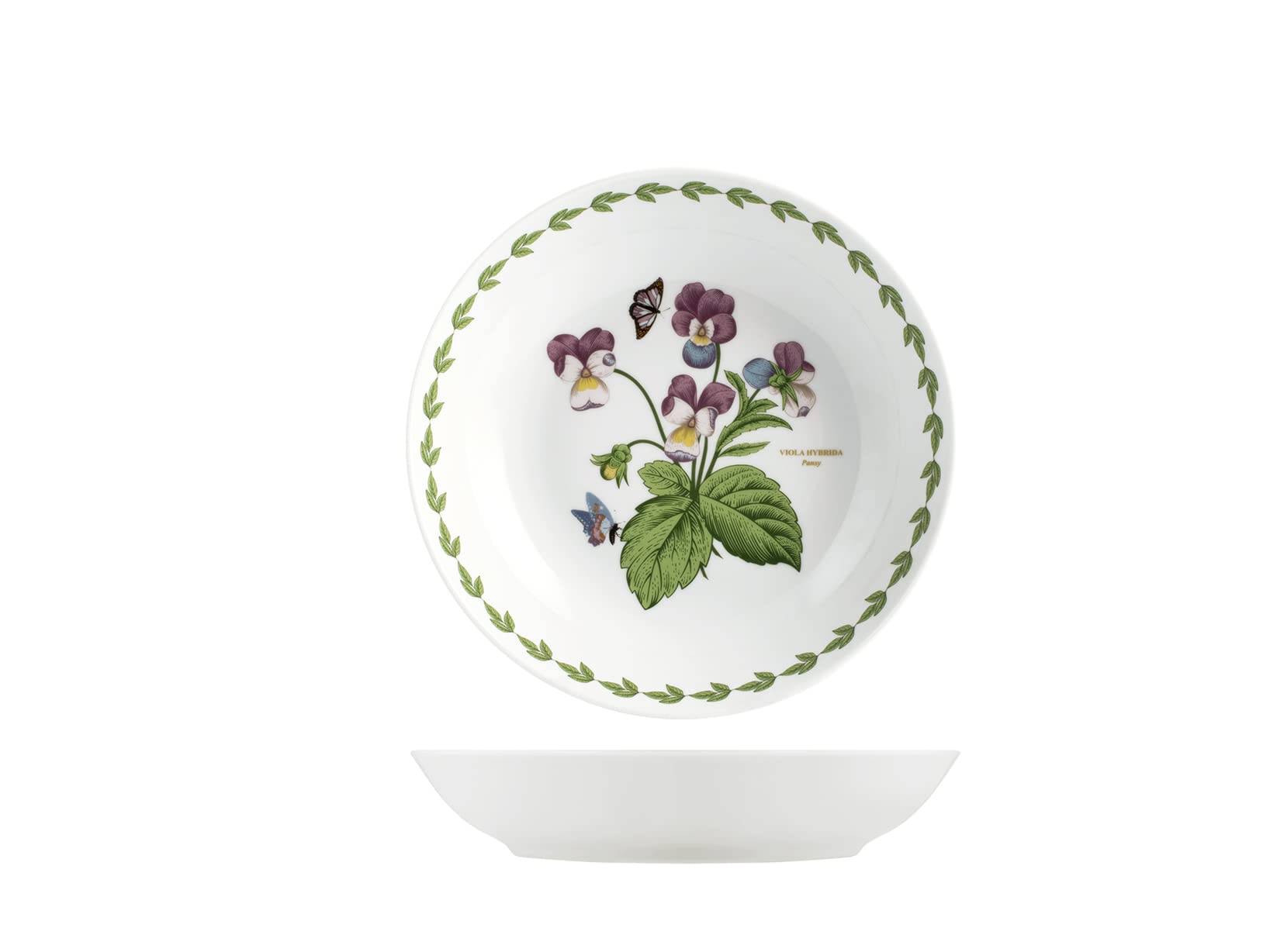 H&H Set di 6 Piatti Fondi in Porcellana, 20 cm, Bordo Decorato in Verde con Illustrazioni Botaniche Assortite, Lavabili in Lavastoviglie e Adatti al Microonde