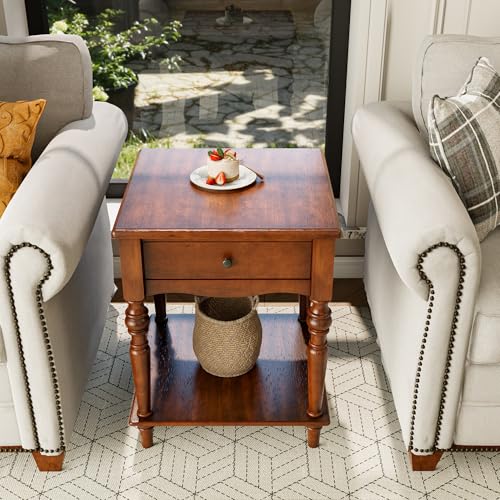 MODERION End Table with Drawer and Storage Shelf, Solid Wood Sofa Side Table, Square Beside Table, Telephone Table for Living Room,18.9"L x 18.9"W x 24"H, No-Tools Assembly, Caramel Brown BZ-C008-DR