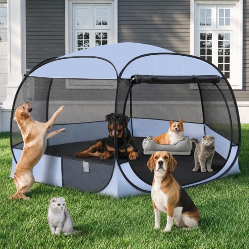 Image of XXLarge Popup Portable Dog Houses, 10'x4.8'H Assembly-Free Gazebo-Style Kennel Dog Playpen Pet Screen Tent Sun Shade Shelter, Dog Crates Canopy for Travel Camping Anti-Bugs with Leakproof Bottom