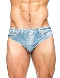 PJ PAUL JONES Men's Swimsuit Briefs Denim Print Swim Brief with Drawstring Waist Light Blue L