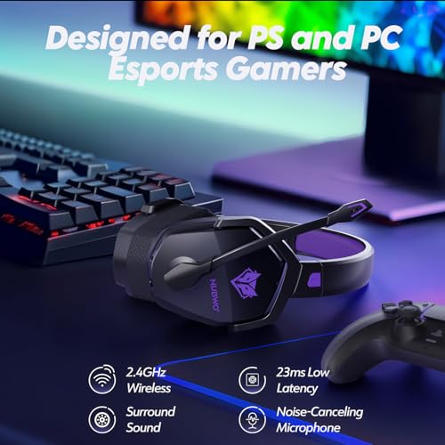 NUBWO G06 Cuffie Gaming Wireless per PC/Ps5/Ps4/NS/Mobile, 2,4GHz+5.3 Bluetooth,Cuffie Wireless con Microfono 7.1 Qualità Audio Senza Perdita di Bassa Latenza, Durata di Oltre 100+ Ore -Viola