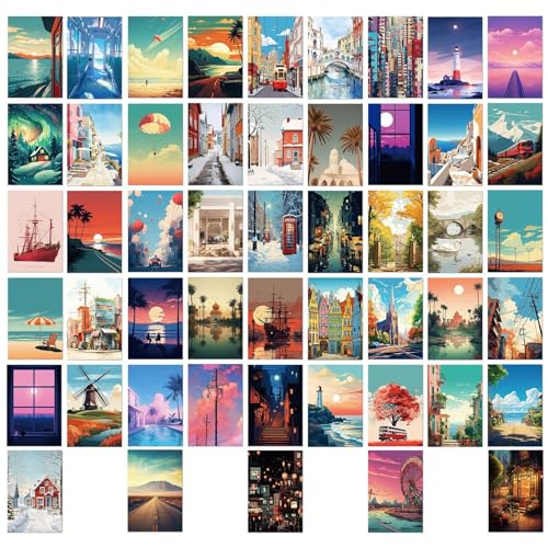 50 Tarjetas De Dibujos Animados, Postales Temáticas De Paisaje, Decoraciones De Pared, Tarjetas De Regalo.