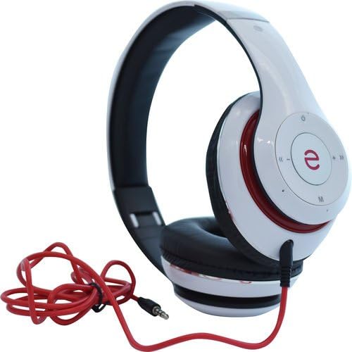 흰색 본체에 빨간색 포인트와 빨간색 오디오 케이블이 있는 Escape Platinum BT-S15 블루투스 헤드셋입니다.